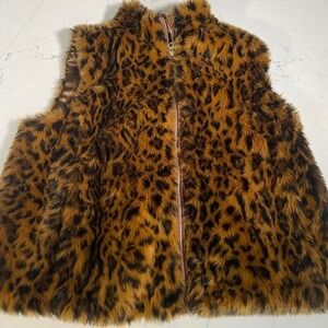 J.Crew Leopard Print Faux Fur Vest Women's XL Brown Black Animal Print Zip Front